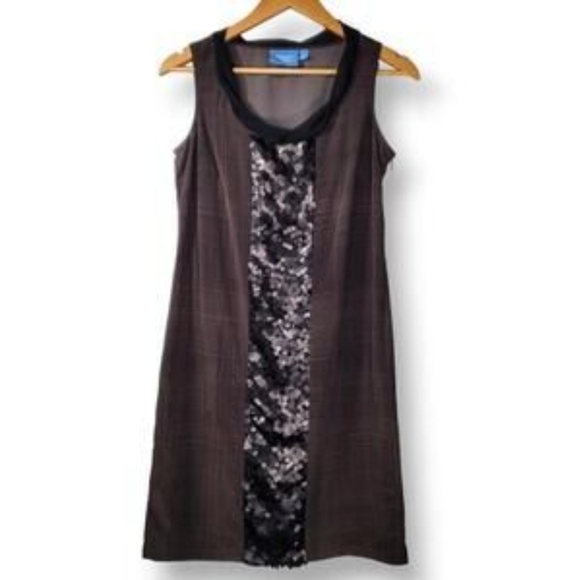 Simply Vera Wang | Charcoal Plaid Black Sequin Sheath Cocktail Dress - Size: 14 - Picture 1 of 10